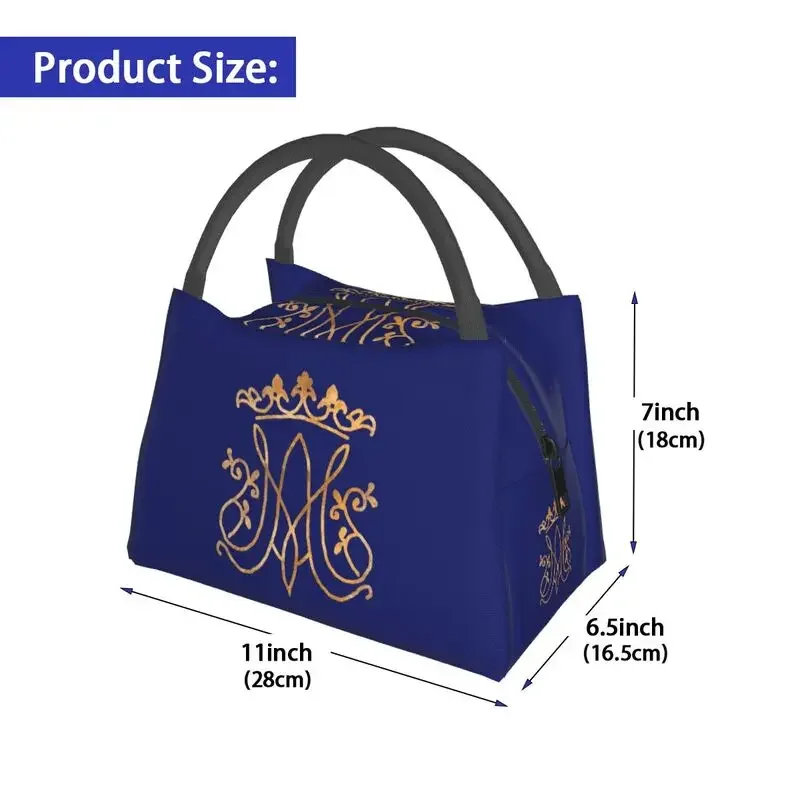 Ave Maria Monogram Thermal Insulated Lunch Bag Women Catholic Jesus Portable Lunch Tote for Camping Travel Storage Meal Food Box