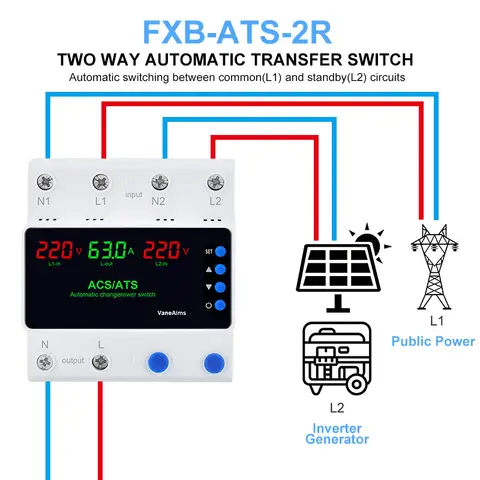 Rail Dual Power ATS AC110V/220V Over Under Voltage Protector Automatic Transfer Switch 63A 100A Power PV Solar Phase Selector
