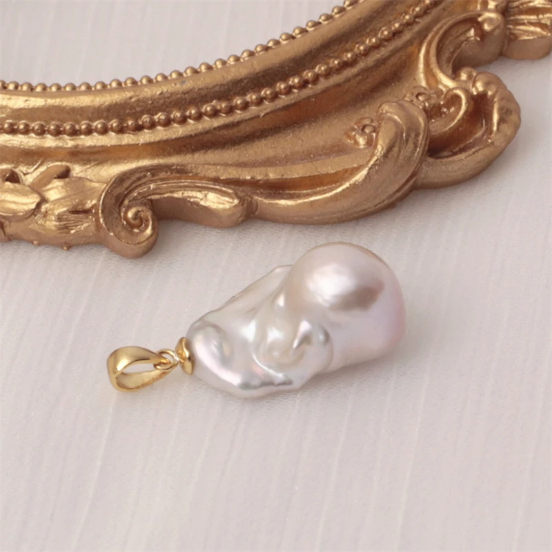 Gold plating 925 sterling silver fresh water fireball AAA large baroque pearl pendant charm