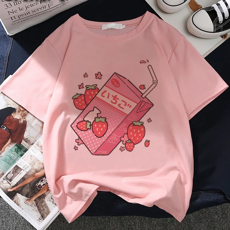 Japan Strawberry Juice Graphic Print T-shirt Women 2021 New Summer Fashion Tshirt Tee Harajuku Aesthetic Pink Top Female T Shirt