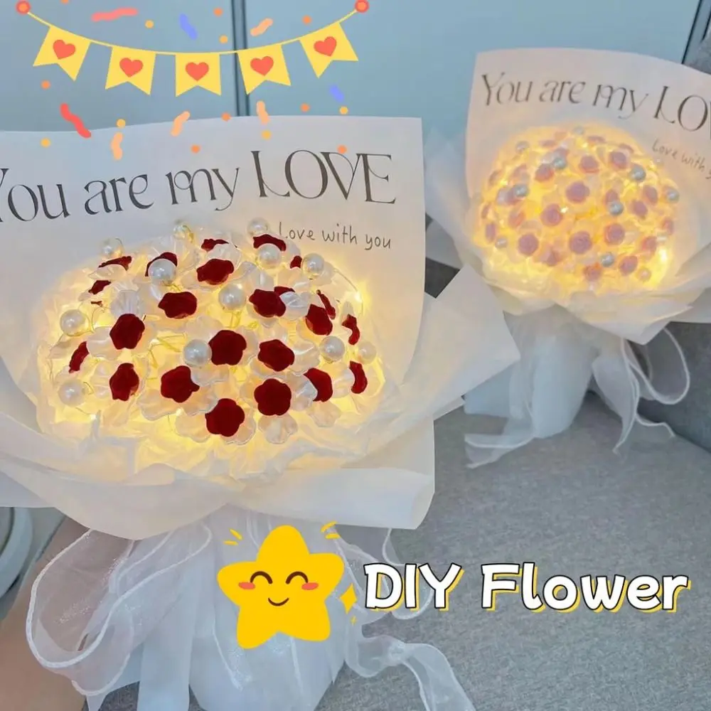 Fashion DIY Rose Bouquet Birthday Gift Photo Props Handmade Flowers Never Wither with Light Rose Material Package