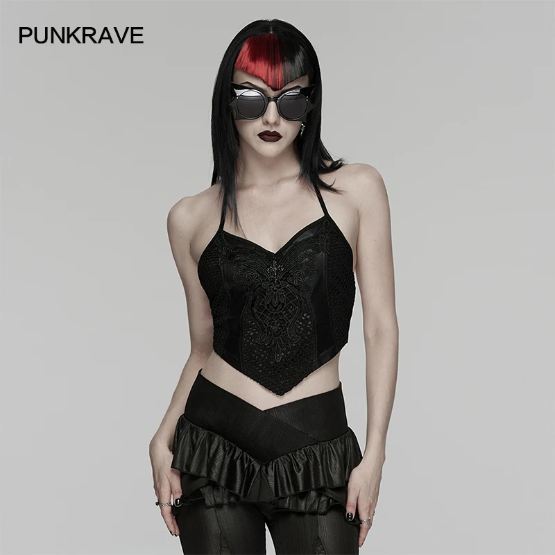 

Женский готический топ PUNK RAVE с кружевом, сеткой и изысканным декором, с подвеской и завязками, сексуальный черный укороченный жилет-топ
