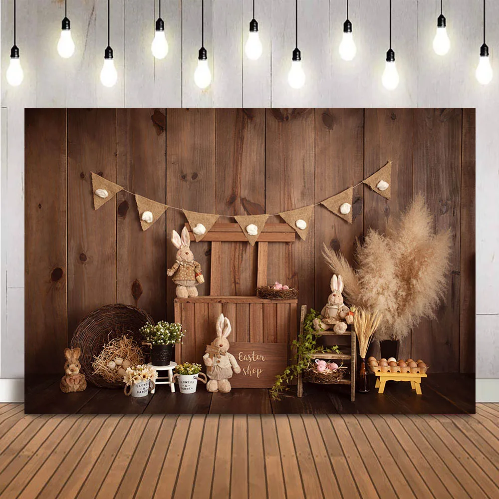 Boho Easter Shop Photo Backdrop Rabbit Kids Birthday Portrait Background Flower Rustic Wood Shoot Newborn Cake Smash Photography