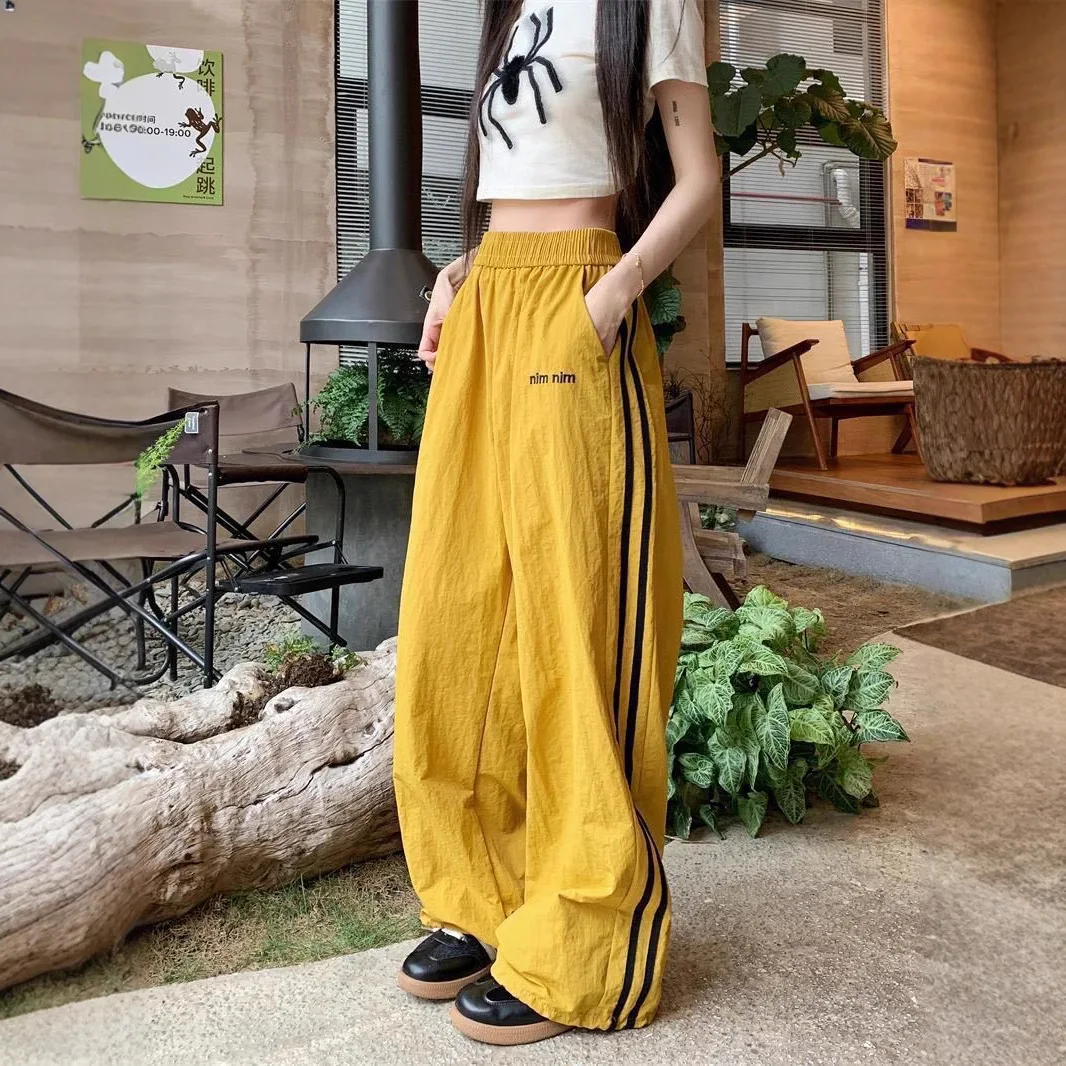 

American Sweat Trousers Women,Summer High Waist Loose Casual Pants Side Stripes Ice Silk Straight Leg Quick Drying Pants Woman