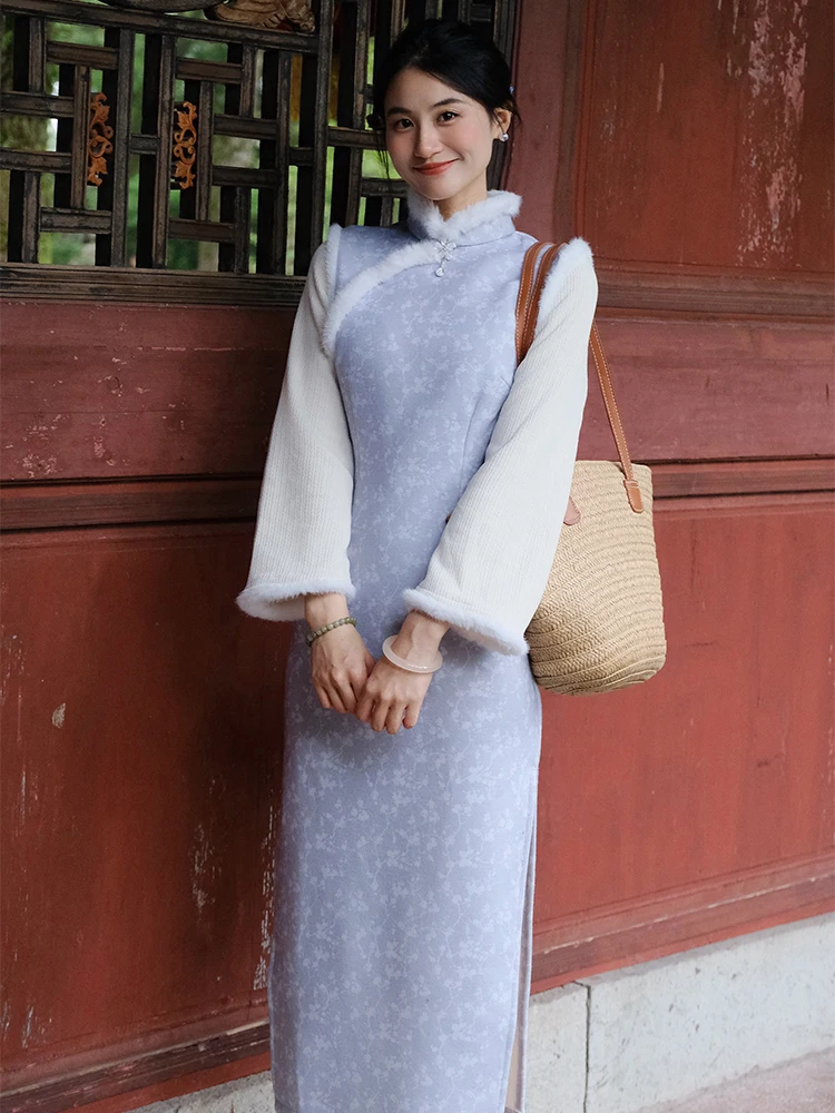 

New Chinese Sle Winter Thiened Long Sve Flag Robe Young Version Retro Floral Print Warm Fce Lined Slimming Gown