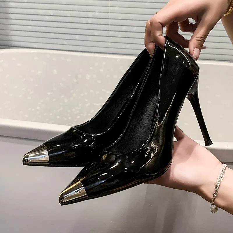

New Design Stiletto Heels Women's New Metal Pointed Head Shallow Mouth Leather Cover Foot Anti-slip Wear-resistant Single Shoes