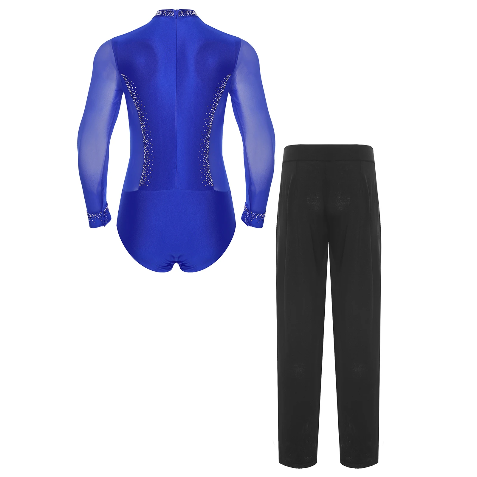 Abiti da ballo latino da uomo Collo a lupetto Manica lunga Strass lucidi Body in rete Body e pantaloni Pattinaggio di figura Chacha Dancewear