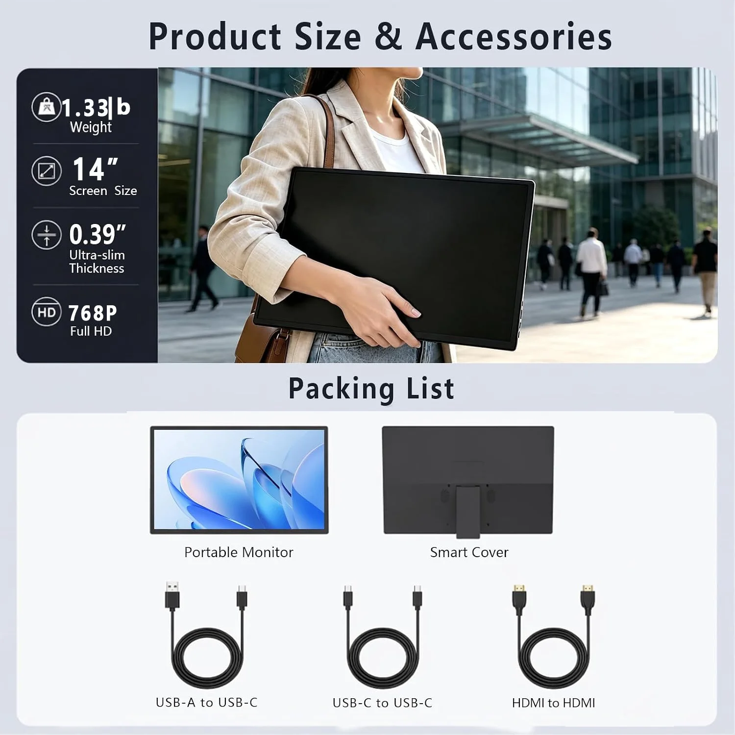 AHXJKA 14 Inch Portable Monitor 1366×768 HD IPS 72% SRGB VESA With Type-C Mini HDMI For Phone Laptop TV PS4/5 XBox Dack Switch