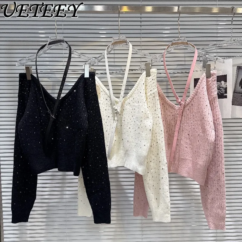 

Autumn New French Style Socialite V-Neck Rhinestone Short Pullover with Belt Fashionable Versatile Solid Color Knitted Sweater