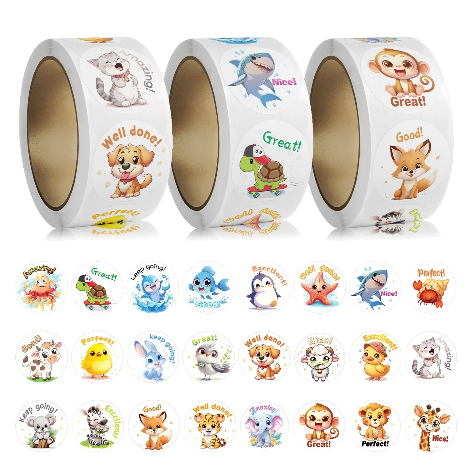 3 rouleaux/1500 autocollants de récompense pour enfants, motif animaux de dessin animé, pour la décoration de fêtes, la papeterie, l'école, la salle de classe et la maison