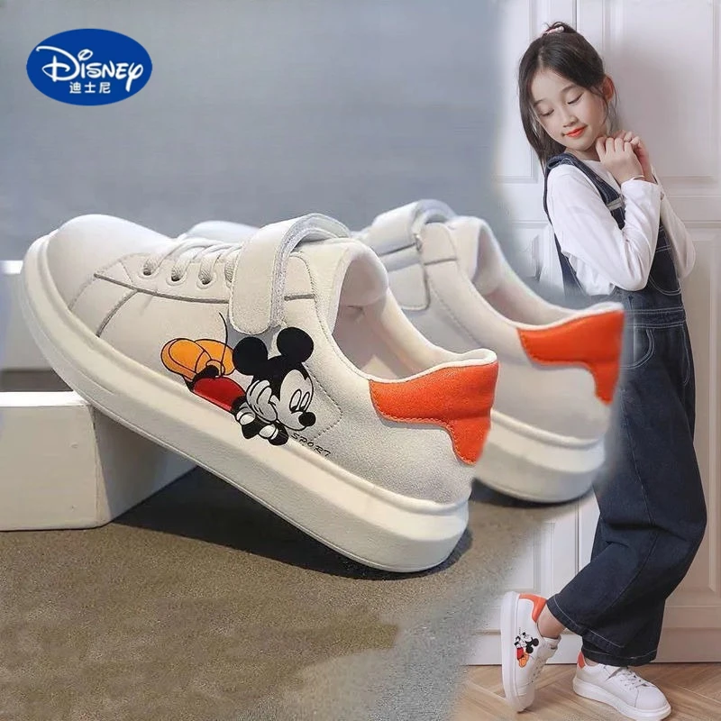

Кожаные кроссовки Disney Mickey 2025г. | Белые туфли в корейском стиле, школьная одежда для девочек