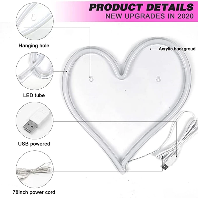 Big Heart Shape Neon Sign Wall Hanging Light for Wedding Bedroom Home Party USB Powered Valentine's Day Christmas Decor