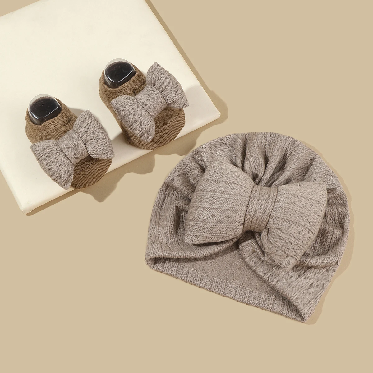 2Pcs Newborn Baby Bow Hat Socks Set Solid Color Cotton Infant Girls Turban Cap Anti-slip Socks