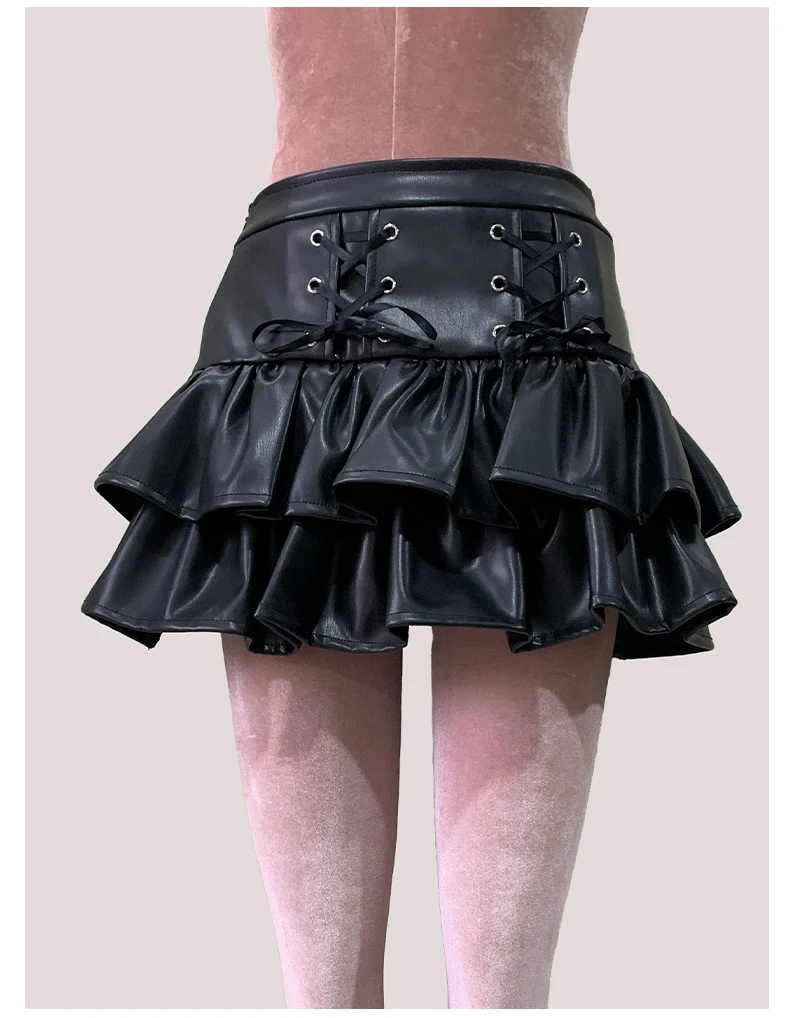 Nerazzurri Summer Autumn Soft Black Pu Leather Mini Tiered Pleated Skirt Women Lace Up Short Luxury Designer Punk Style Clothes