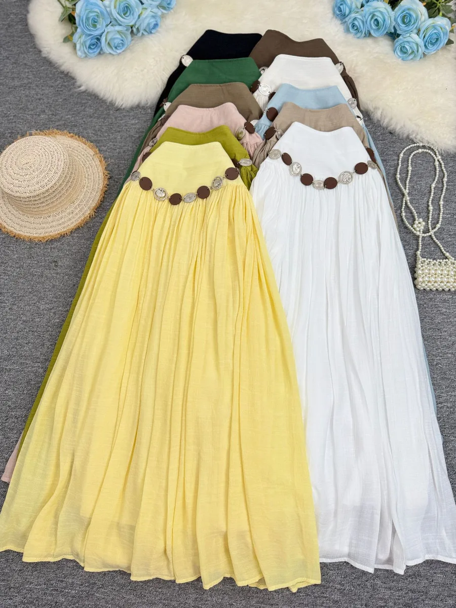 spring summer Cotton-Linen long Skirt for women 2026 vacation style casual A-Line Beach skirts