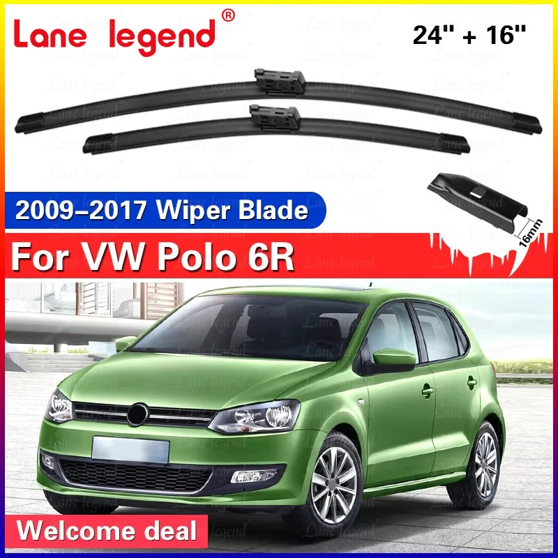 Wischerblätter für VW Polo 6R Schrägheck 2009–2017 Frontscheibe, sauberes Fenster, Windschutzscheibe, Autoteile, Auto-Regenbürsten, 24 Zoll + 16 Zoll