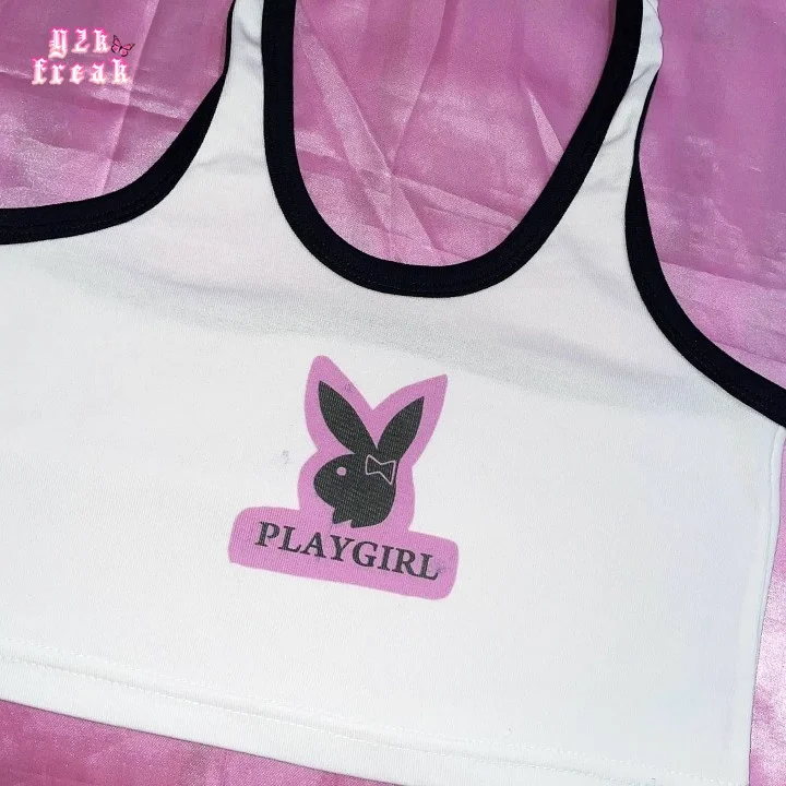 Y2K PlayGirl Halter Tank Tops Vintage Spice Girl Printed Rabbit Egirl Crop Top  Unique Top T Shirt