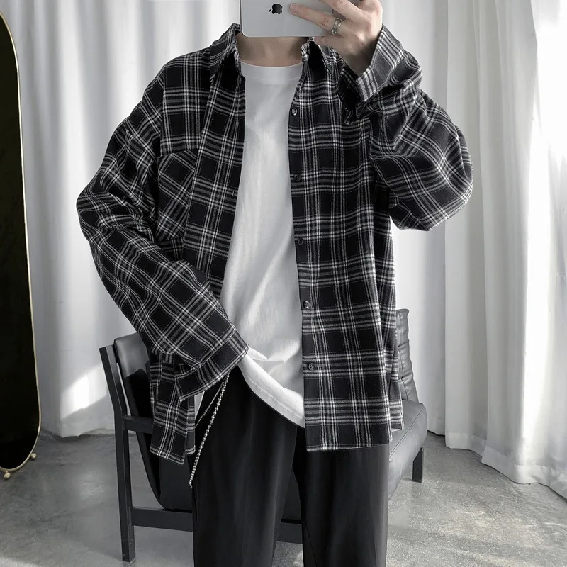 Plaid Shirt Men\'s Long-sleeved Korean Version of The Trend All The Loose Top Spring and Summer New Japanese Casual Coat M-2XL