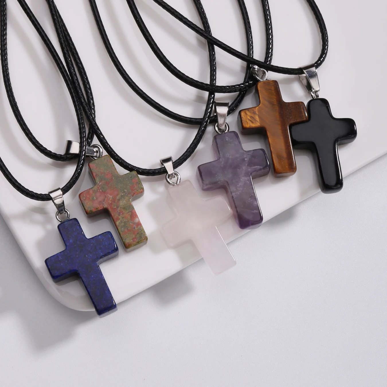 Collar de cruz de Jesús de piedra Natural a la moda para hombres y mujeres, collar de piedra de ojo de tigre inspirador, joyería para hombres