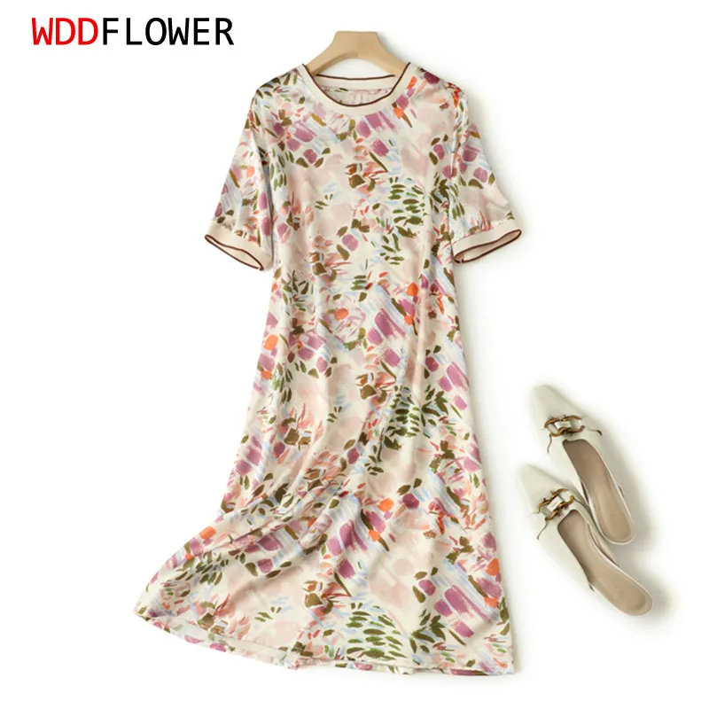 Women 93% Mulberry Silk 7% Spandex 20 Momme Satin Silk Crew neck short sleeve Midi Dress Beige Floral Printed Long Dress FF005