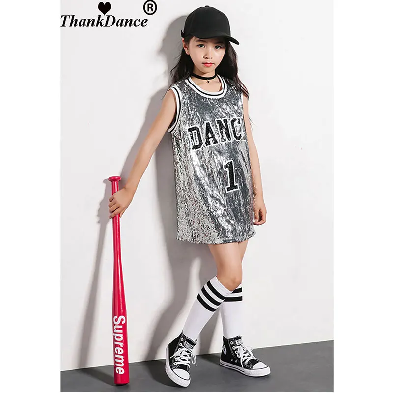 Thankdance ชุดฮิปฮอปเลื่อมสำหรับเด็กผู้หญิง, ชุดเต้นเสื้อกล้ามแวววาวพร้อมถุงเท้าชุดสำหรับการแสดงบนเวทีอายุ5-12ปี