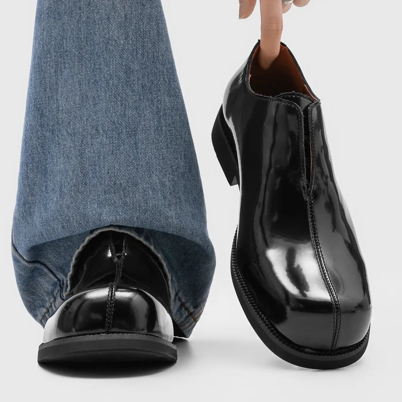 Mirror Thick Heel Men Business Casual Shoes with A Deep Cut  Simple Temperament High-end Commuting Single Shoes