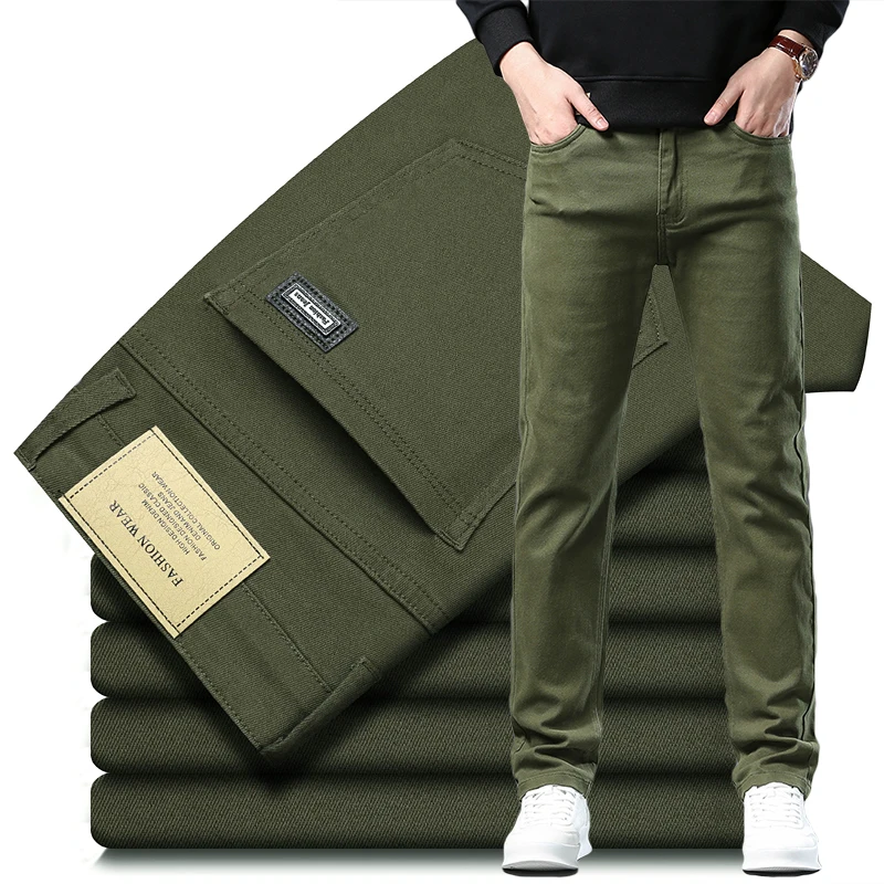 Straight Leg Men's Spring Jeans Army Green Elastic Cotton Korean Business Casual Denim Pants Comfort Large Size Male Trousers