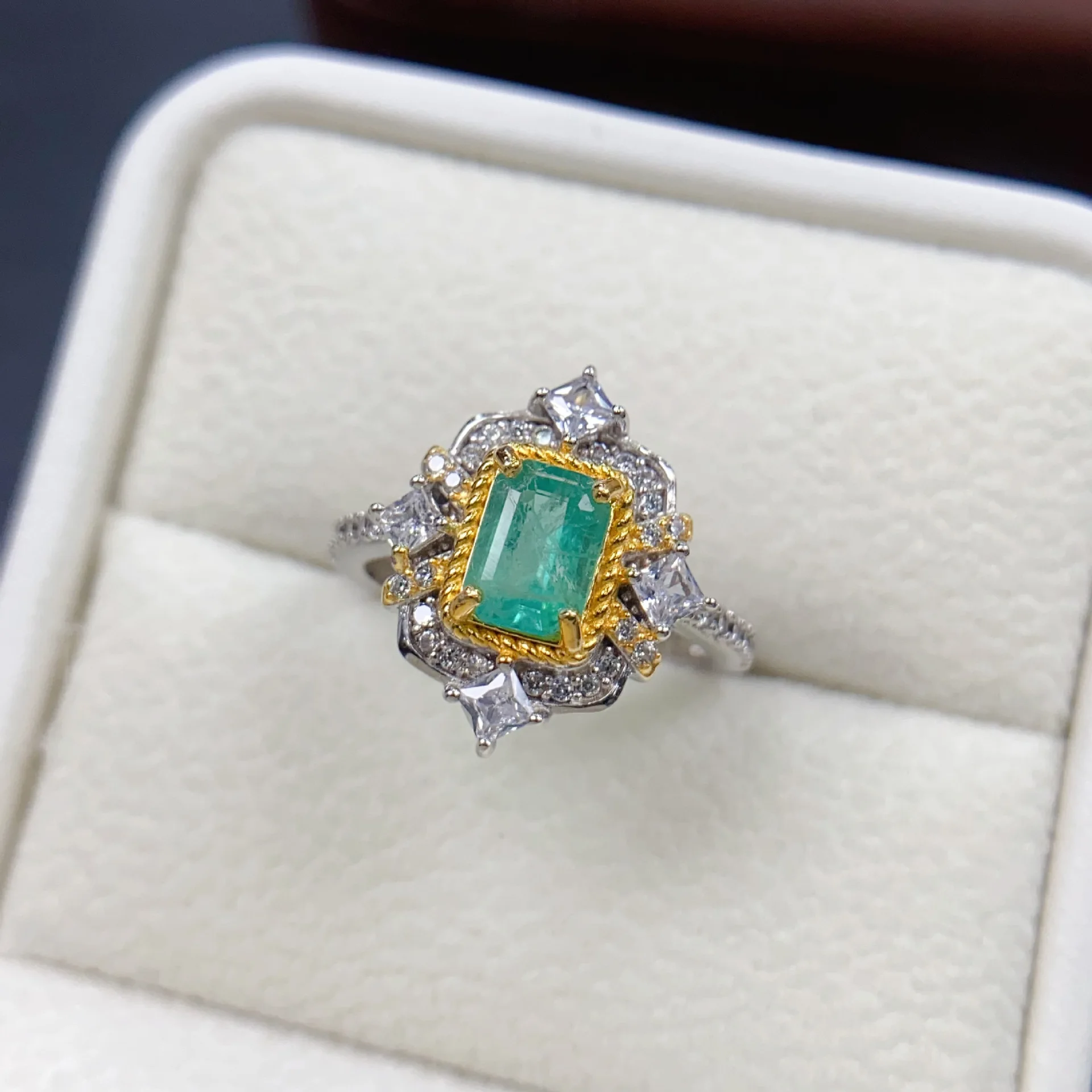 Natural Emerald Ring 5*7mm Rectangle Stone Two Tone S925 Silver White Zircon Halo Adjustable Women Vintage Gem Jewelry