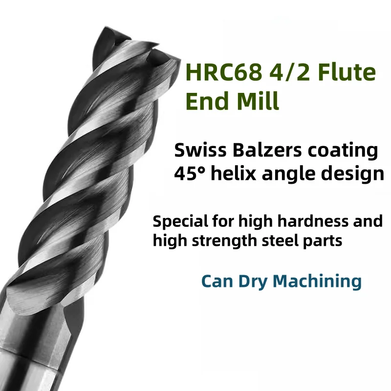 

4/2 Flutes HRC68 Tungsten Steel Milling Cutter Swiss Balzers Coating End Mill for High Hard Steel Parts Endmills Can Dry Maching