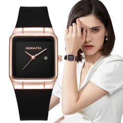 Moda 2023 Las mujeres de la marca simple cuadrado calendario negro reloj de cuarzo Casual correa de silicona reloj femenino reloj de pulsera