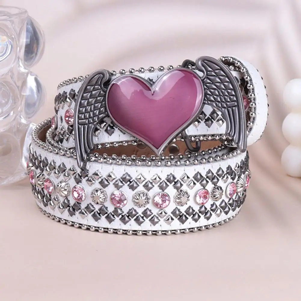 Multi-color Rhinestone Belt Angel Wing Heart Buckle Belt Vintage Pu Leather Studded Waist Belt Adjustable Punk Fashion for Jeans