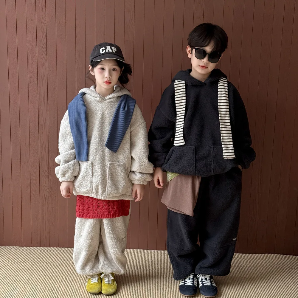 

Зимний комплект одежды из 2 предметов для девочек, хлопковые пушистые детские толстовки с карманами для девочек, костюмы-свитшоты, свободные бархатные штаны для маленьких девочек