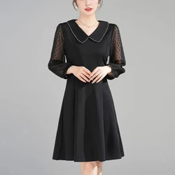 2024 Spring Autumn Women's New Splicing Pullover Doll Collar Zipper Gauze Fashion Solid Slim Minimalist Long Sleeve Dresses