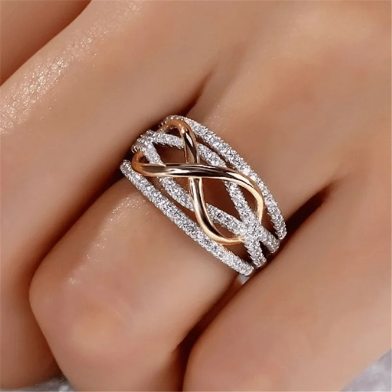 Fashionable and gorgeous two tone infinite symbol inlaid zircon ring, eternal bond, confession, date, proposal ring
