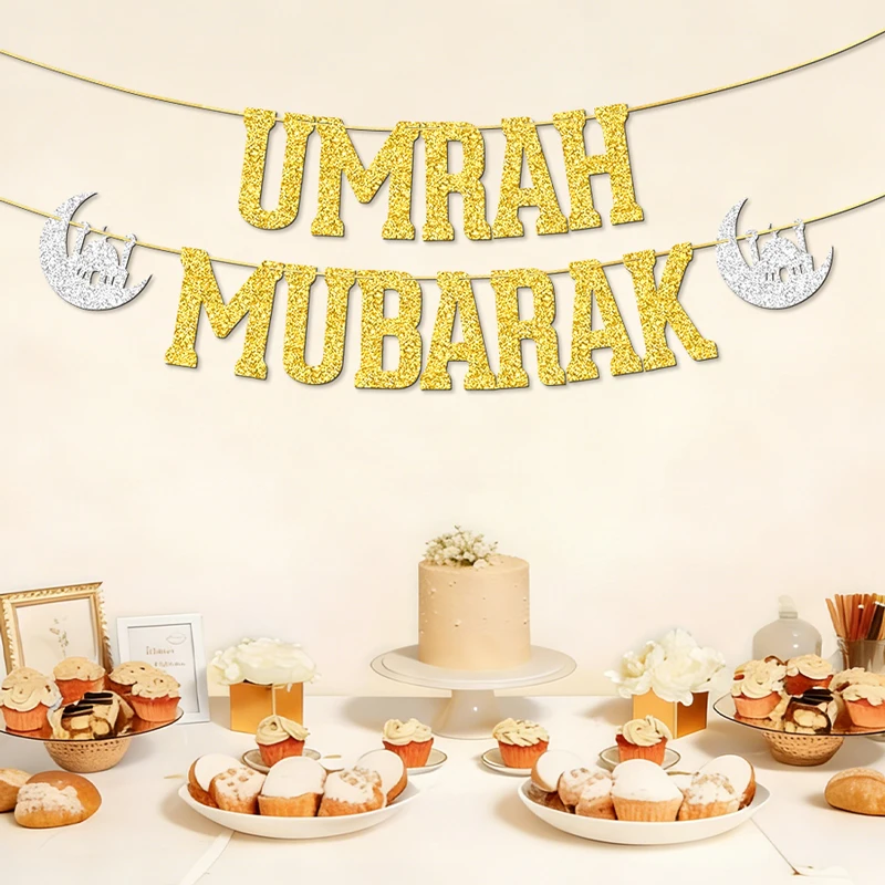 YOMDID Umrah Mubarak Banner Glitzer Umrah Mubarak Dekorationen Partybanner für Islamische Muslimische Dekorationen Partyzubehör – Detail 8
