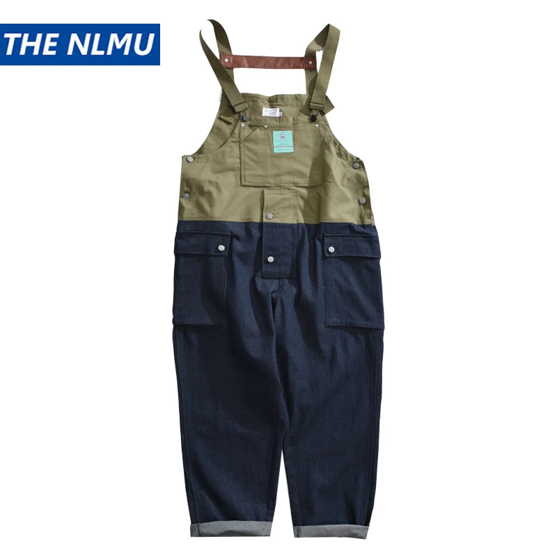 

2023 Summer Cargo Overalls Pants Men Patchwork Denim Jumpsuits Loose Work Pants Solid Color Casual Streetwear Cargo Trousers