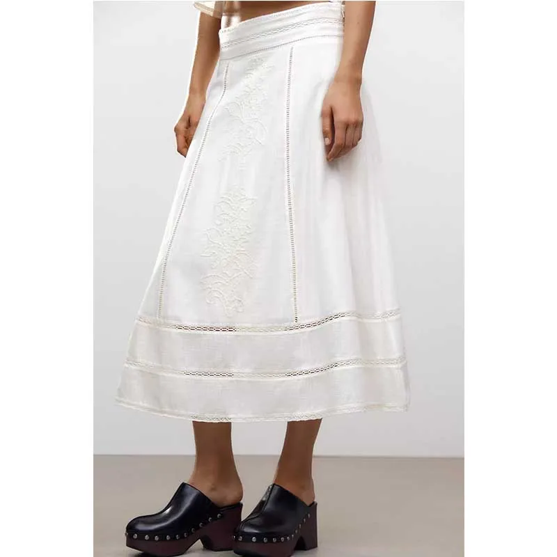 

New 2025 Summer Embroidered Cotton A-Line Midi Skirt Women's Versatile f-length Clothing Faionable Casual mid Waist