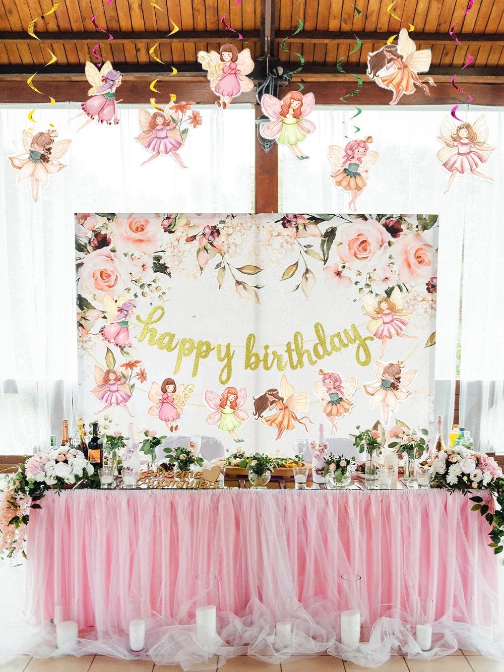 Feen-Geburtstagsparty-Dekoration, alles Gute zum Geburtstag, Banner, Feenpilz, zum Aufhängen, Wirbelflügel, Engel, Tortenaufsatz, Märchen, Babyparty – Detail 1