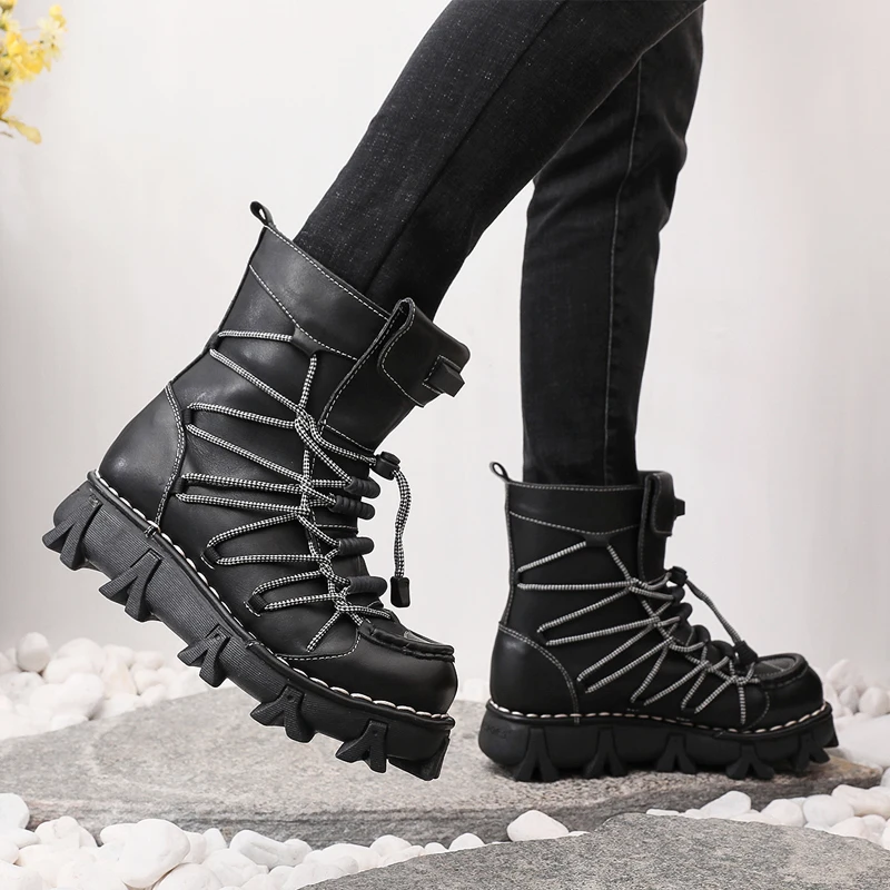 Fashion Men's Genuine Leather Motorcycle Boots Goth Punk Western Boots Lace-up Mid-calf Riding Boots Platform Elastic