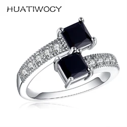 HUATIWOCY Korean Style Fashion Women Rings 925 Silver Jewelry with Obsidian Zircon Gemstone Accessories for Wedding Party Gift