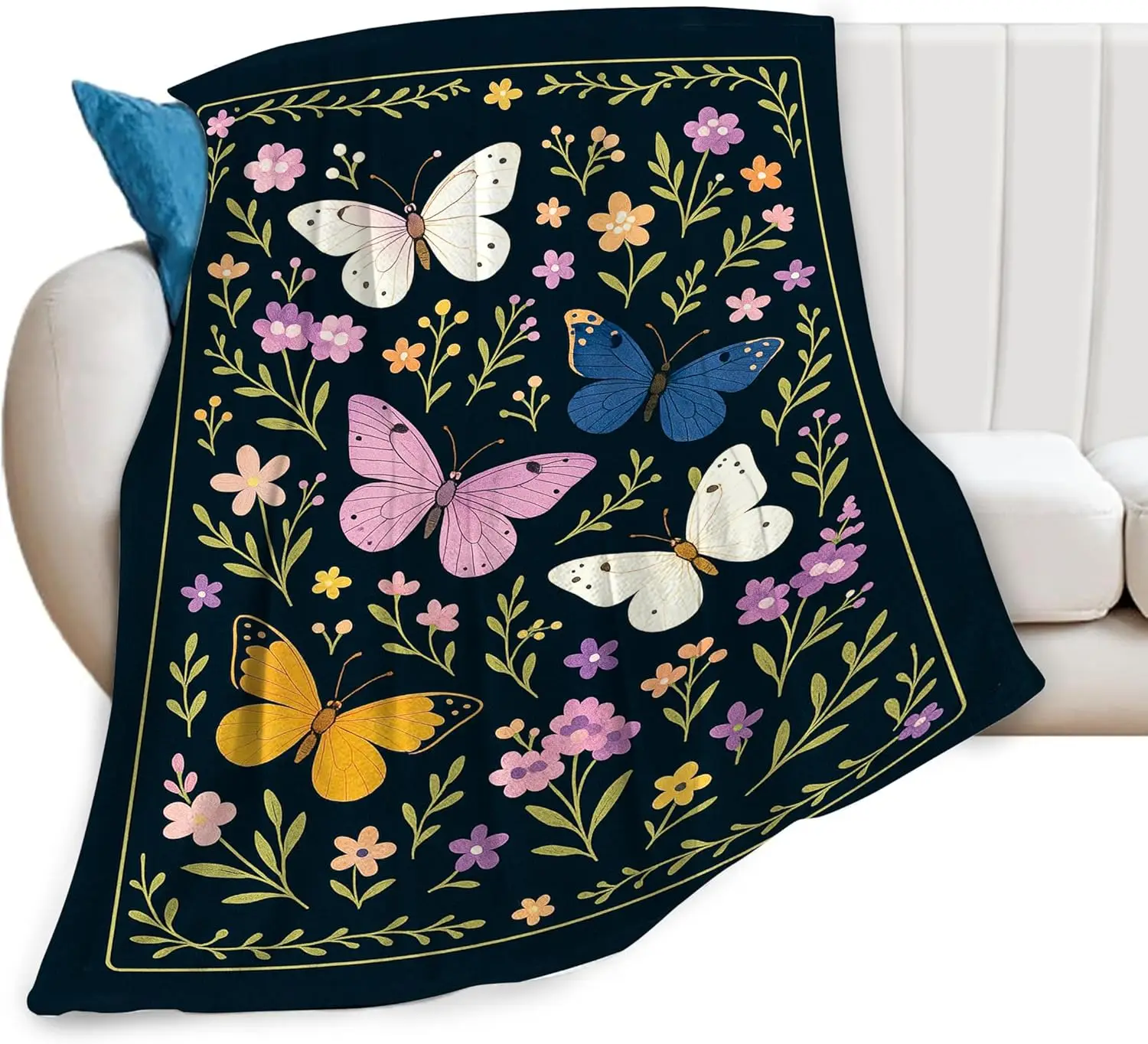 Butterfly Throw Blanket Beautiful Floral Botanical Butterflies Blanket Fleece Soft Cozy Fuzzy Plush Warm Stuff Bedding Blankets