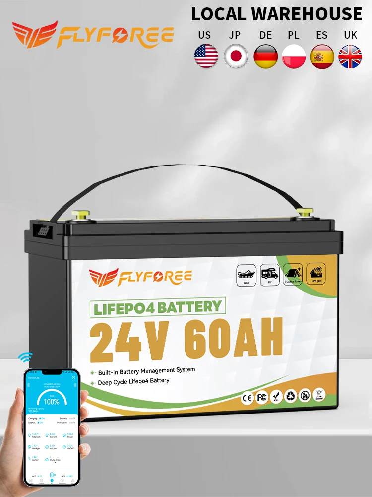 FLLYROWER 24V 60AH LiFePO4 Akku-Pack mit Bluetooth 60A BMS 8000+ Zyklen für Wohnmobile, Offroad, netzunabhängige Solar- und Windenergieanlagen, Lithium-Batterie