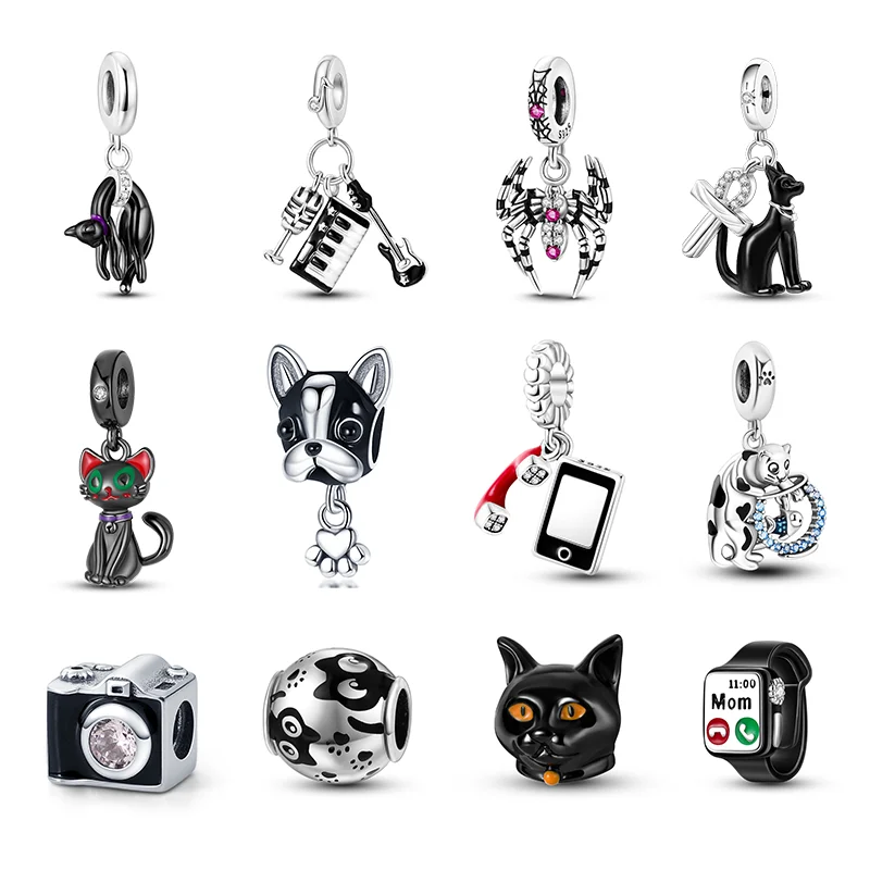 

925 Sterling Silver Spider Black Cat Musical Instrument Black Series Charm Beads Suitable for Pandora Original Bracelet DIY Gift