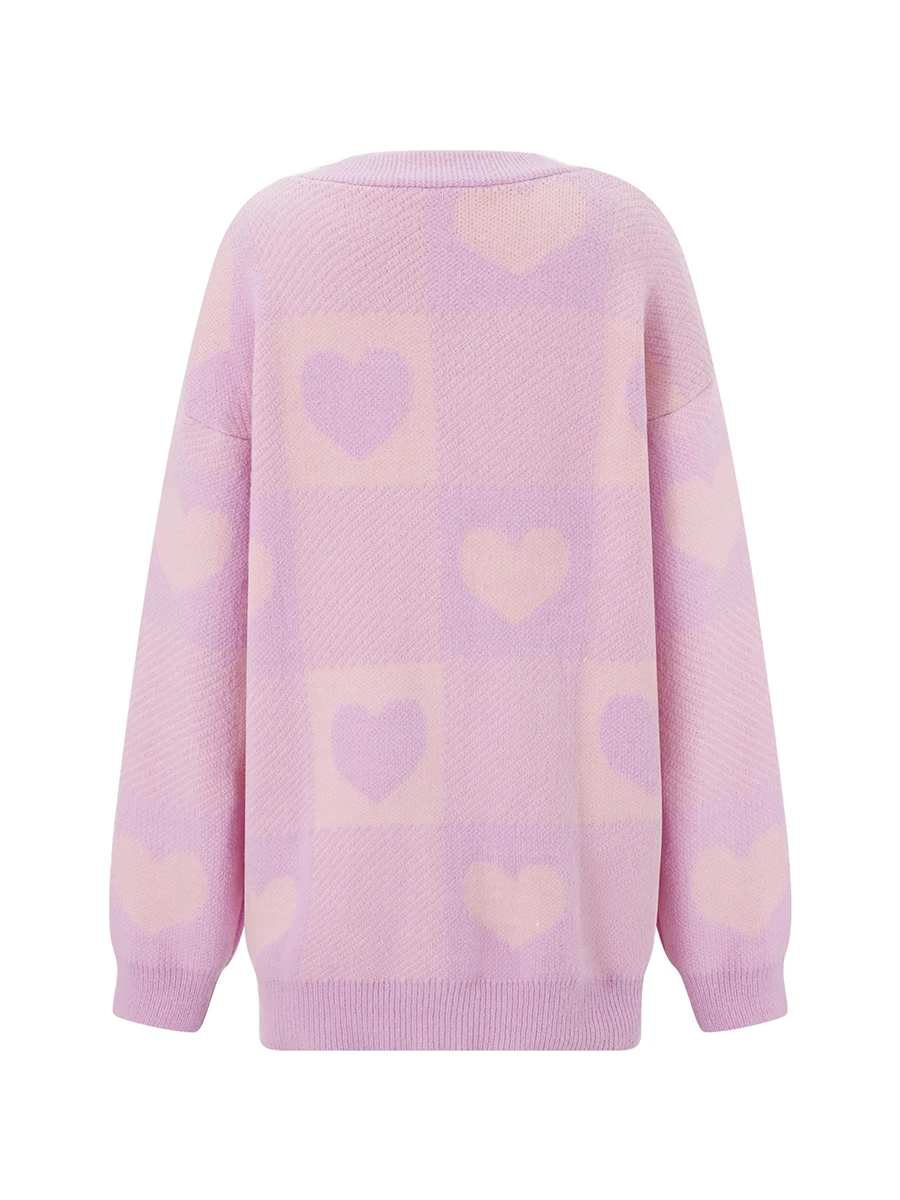 Women s Button Down Oversized Cardigan Long Sleeve V Neck Checkered Heart Print Knit Sweater Outwear