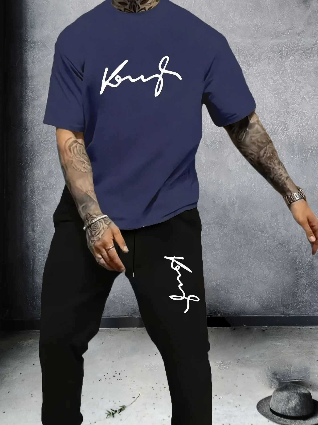 

Summer men's letter printed clothing comfortable and breathable round neck T-shirt and pants set outdoor urban casual wear