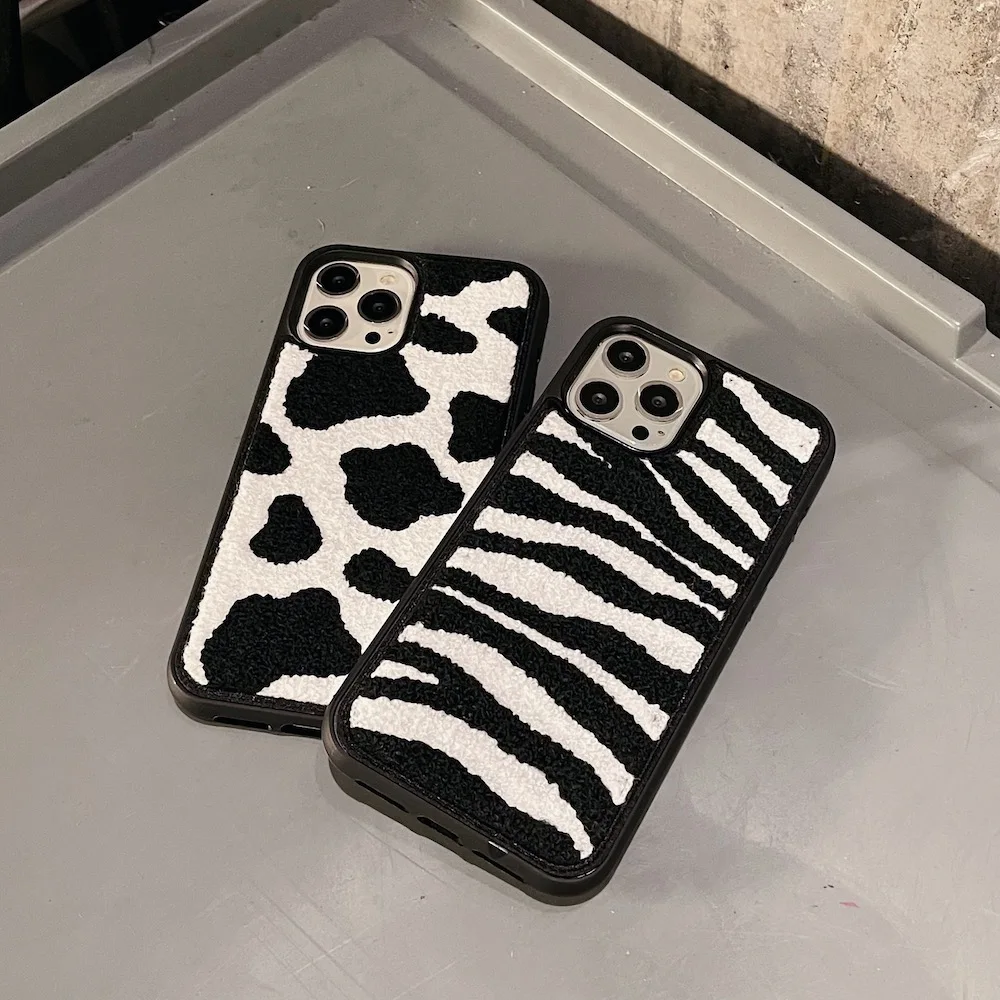 Black white zebra pattern Embroidery Fluffy Plush Phone Case for IPhone 14 13 12 11 Pro Max X XR XS 7 8 Plus Wool Fabrics Cover