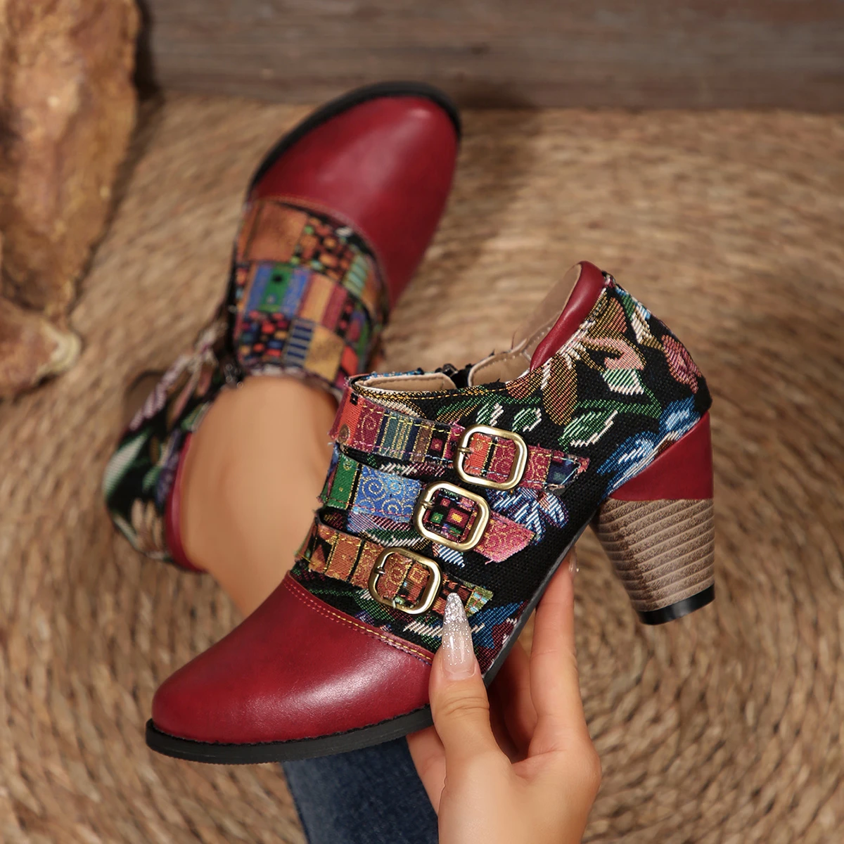 

Women Ankle Boots Spring Casual Vintage Shoes Autumn Ethnic Waterproof Women Shoes Comfortable High Heels Short Boots Women