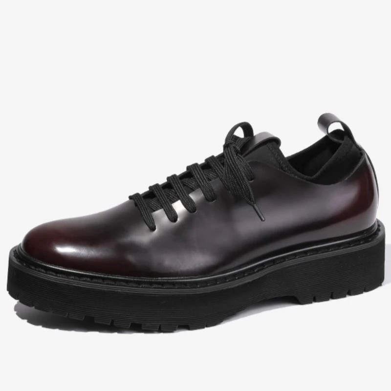 

Men's Casual Leather Shoes Glossy Cowhide Business Derby Shoes Genuine Leather Wine Red Retro Handmade Thick Sole Increase Shoes
