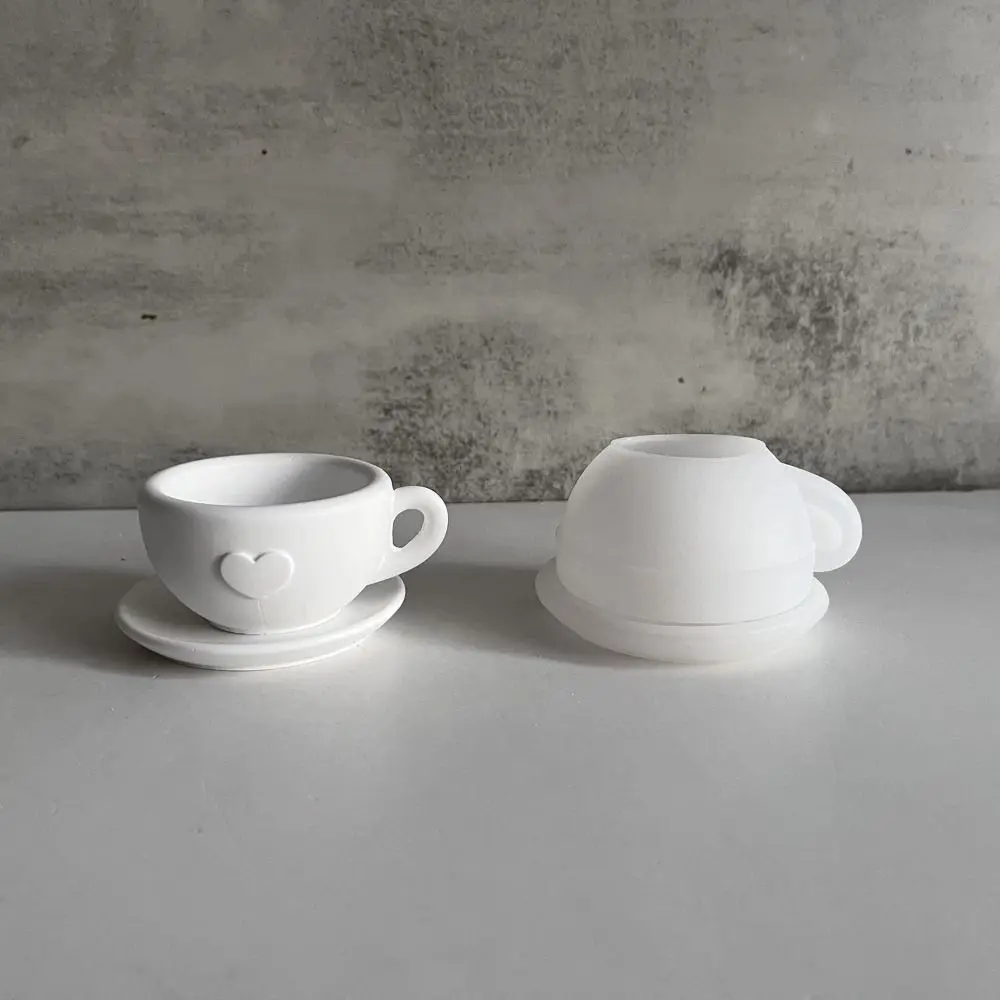 

3D Love Tea Cups Silicone Mold DIY Crafts Handmade Candle Cup Molds Elegant with Tray Gypsum Cement Mold Home Living Room Decor