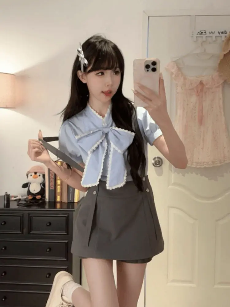 Japan Tweedelig Shirt En Culottes Set Origineel Nieuw Geborduurd Kanten Schoudergebonden Lotusblad Met Korte Mouwen